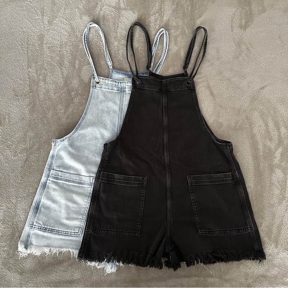 Set of 2 Bundle - Aerie Washed Black & Blue Double Strap Jean Short Overalls XS - Picture 2 of 8